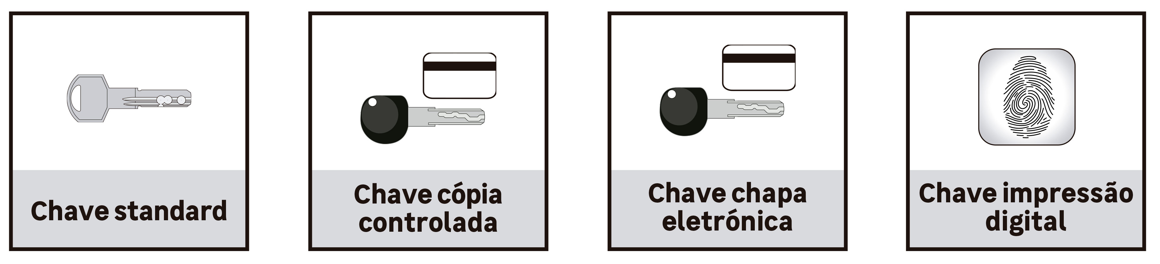 4 tipos de chave: standard, cópia controlada, chapa eletrónica e impressão digital